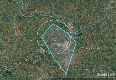 mappa di dettaglio che illustra la localizzazione dei due terremoti avvenuti all’interno del dominio esteso cioè entro 10 km dal pozzo di Casaglia001